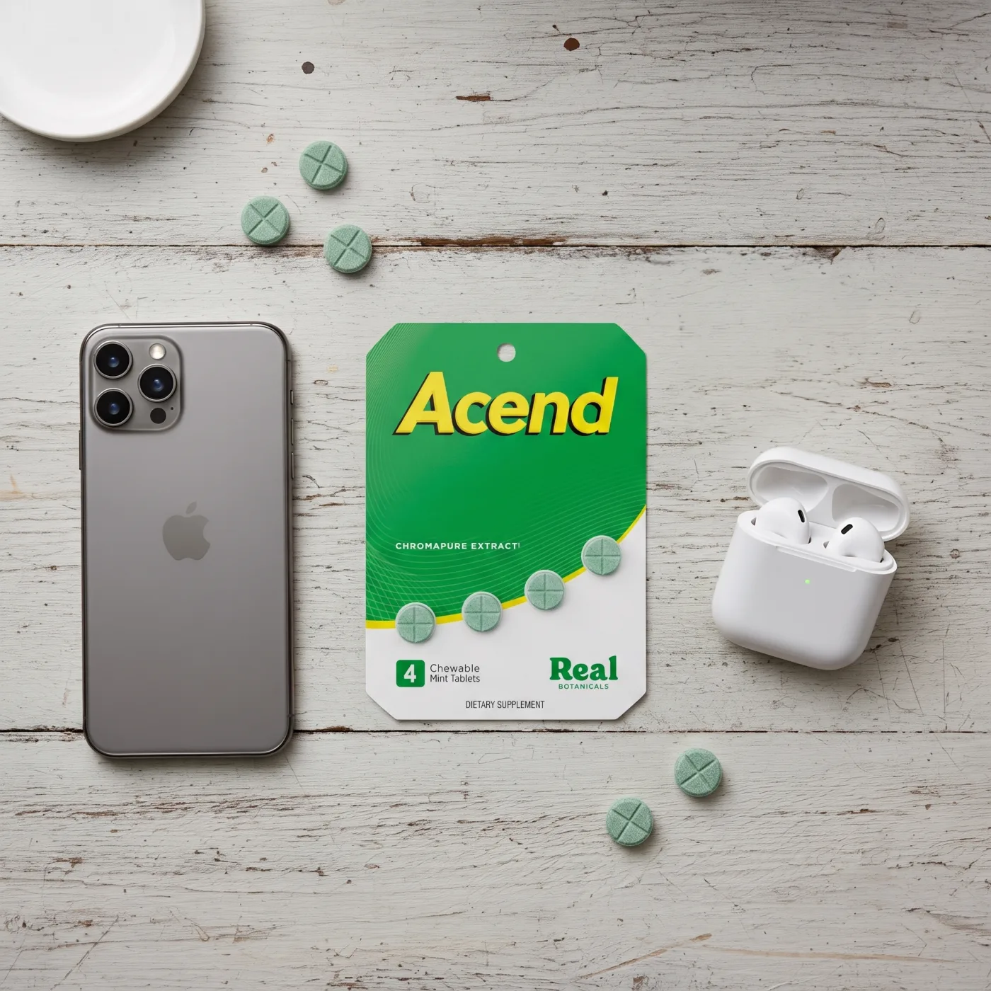 Acend 4-count mint tablets on a desk beside a phone and earbuds